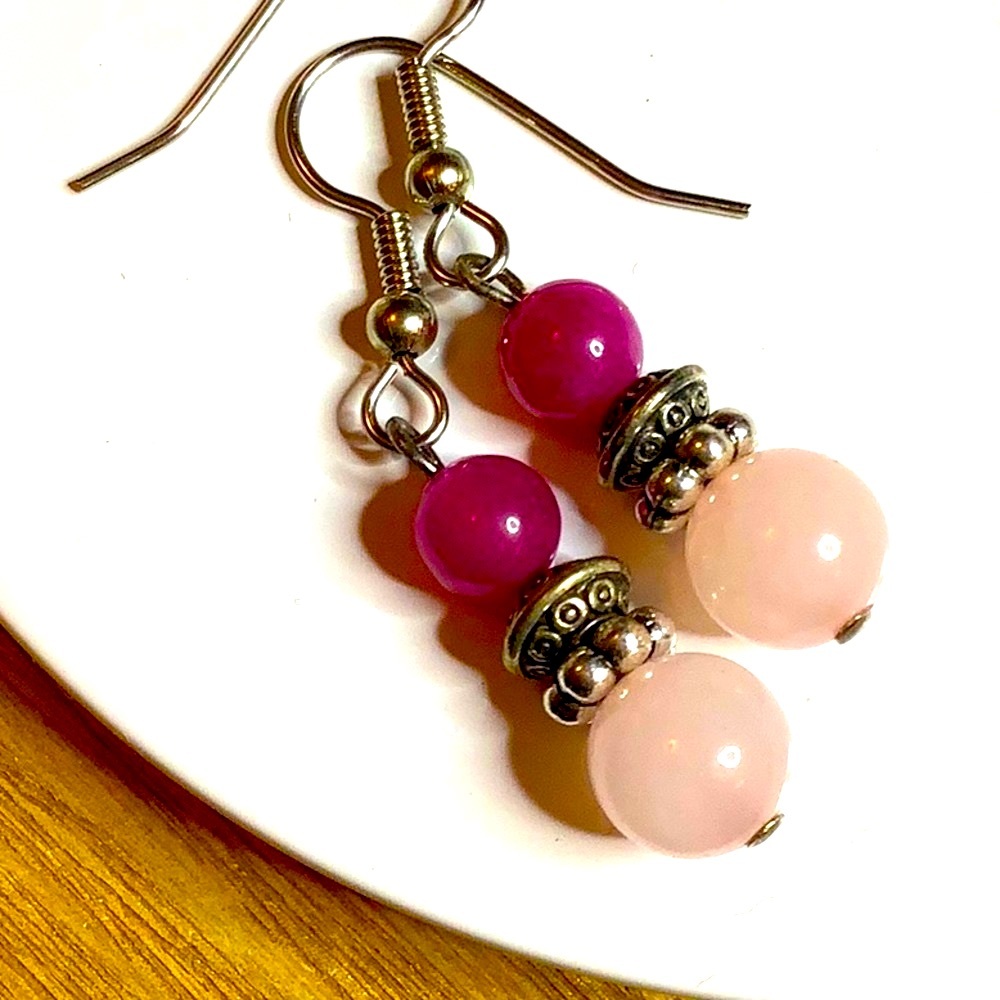 Rose Dyed Jade And Rose Quartz Earrings.